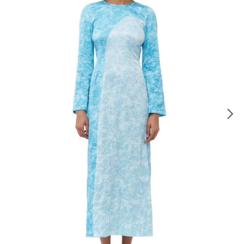 Ganni Crinkled Long Sleeve Satin Maxi Dress in Ethereal Blue